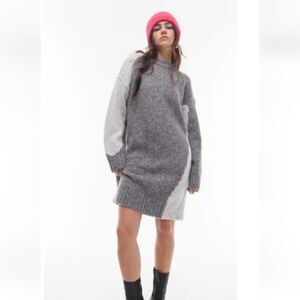 Topshop Oversized Gray Colorblock Crew Neck Long Sleeve Cozy Knit Sweater Dress